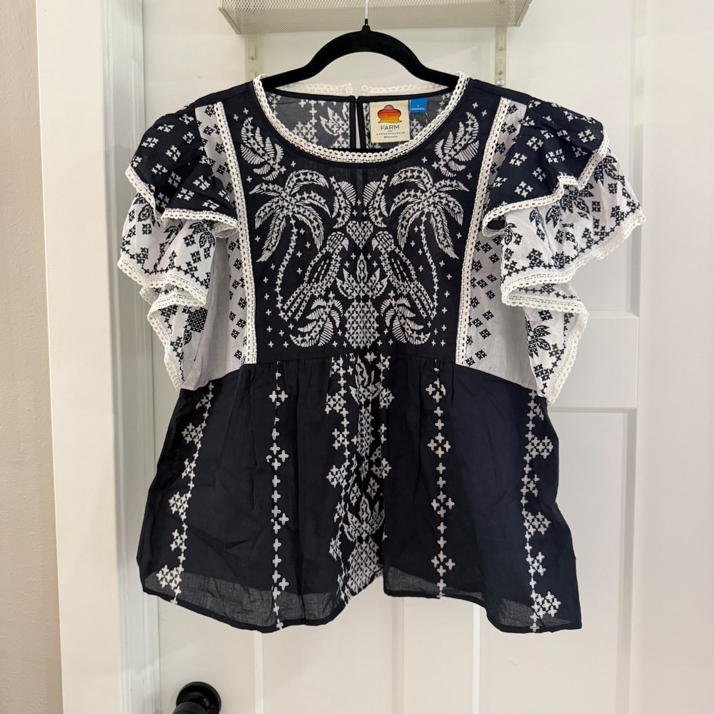Farm Rio Anthropologie Embroidered Flutter Sleeve Blouse Black White S NWT Boho - Picture 1 of 5